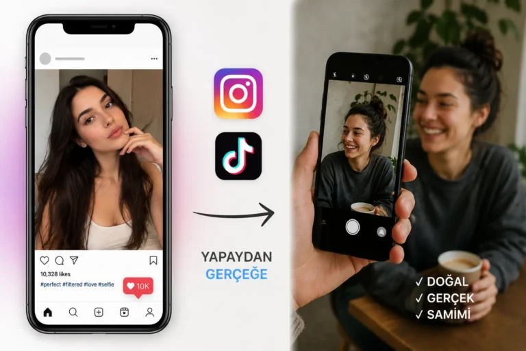 2026 sosyal medya trendlerini anlatan Instagram ve TikTok temalı modern blog görseli