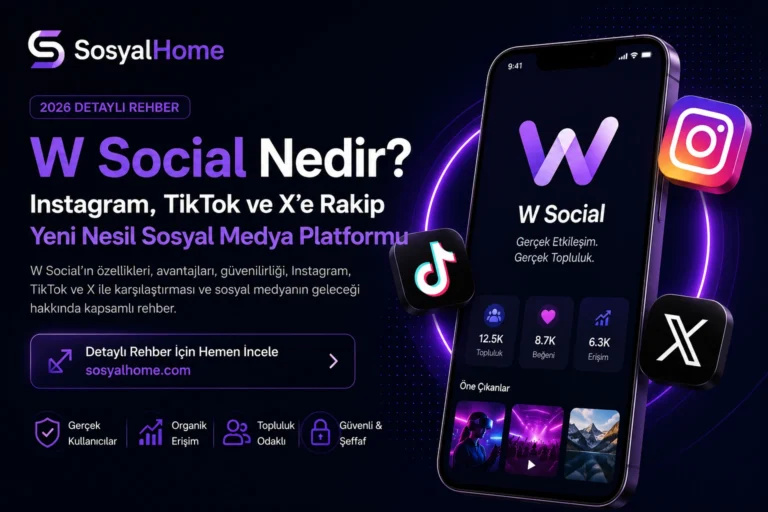 W Social sosyal medya platformunu Instagram, TikTok ve X ile karşılaştıran neon temalı modern Sosyalhome blog kapak görseli.