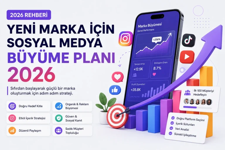 Yeni marka için 2026 sosyal medya büyüme planını anlatan modern dijital pazarlama görseli