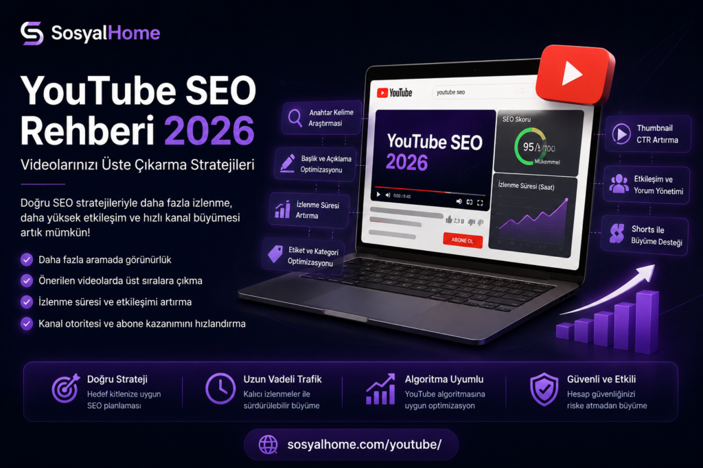 YouTube SEO Rehberi 2026 kapak görseli – SosyalHome YouTube büyütme stratejileri