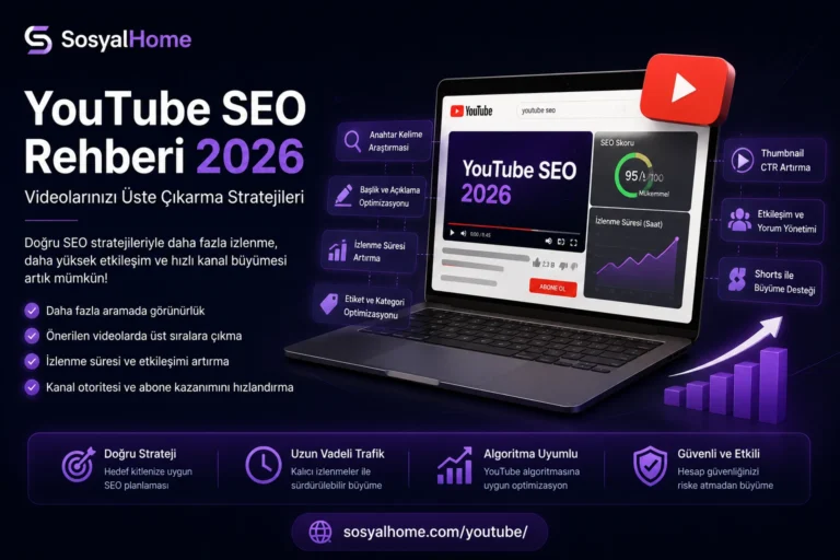 YouTube SEO Rehberi 2026 kapak görseli – SosyalHome YouTube büyütme stratejileri