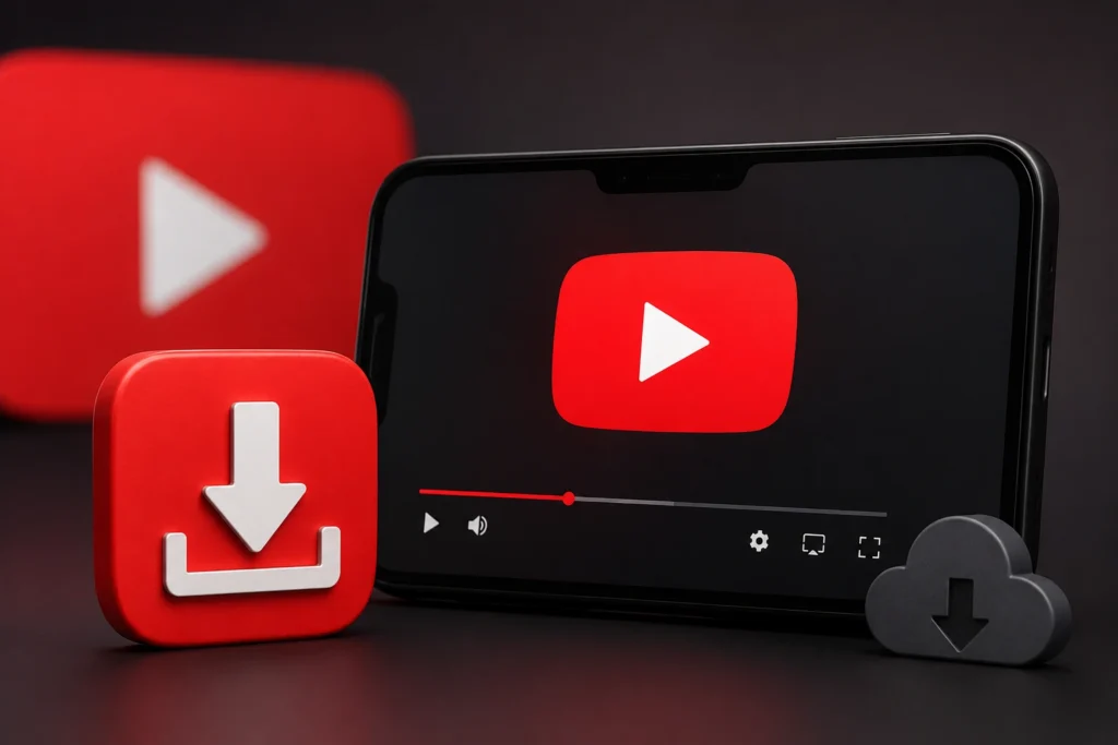 YouTube video indirme konseptini gösteren kırmızı ve siyah temalı modern teknoloji görseli