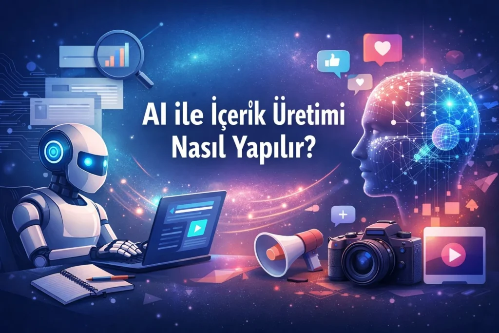 Yapay zeka ile içerik üretimi sürecini gösteren dijital pazarlama ve SEO odaklı çalışma ekranı