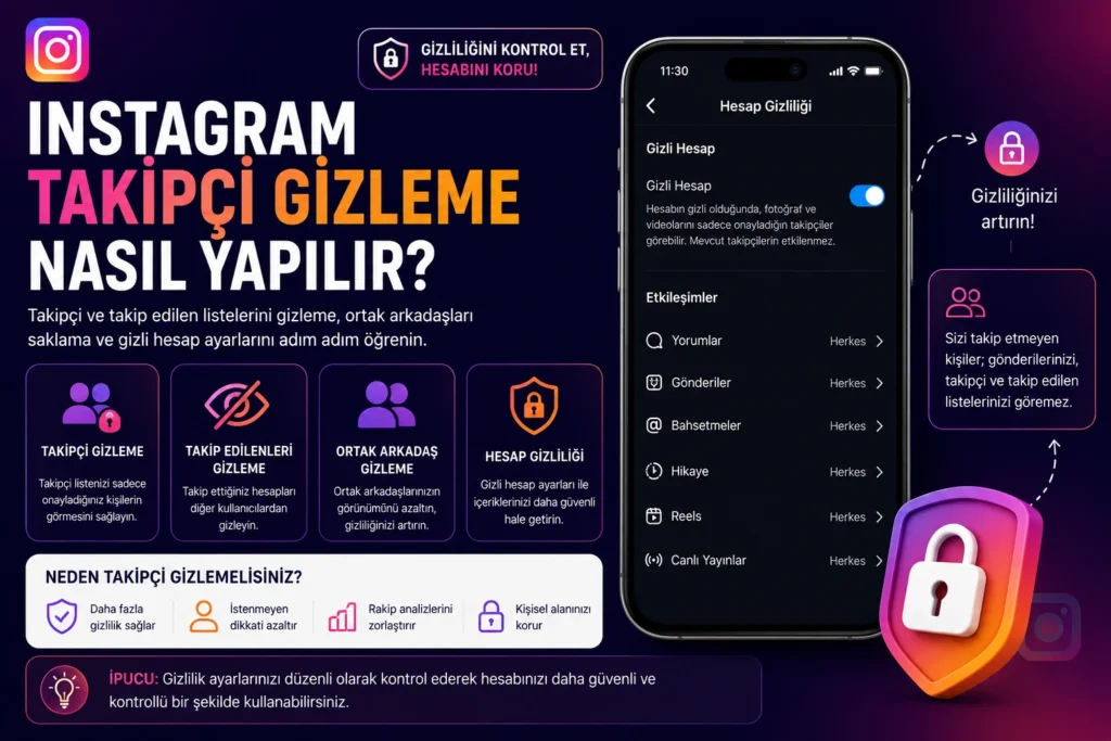 Instagram takipçi gizleme ayarlarını gösteren modern SosyalHome blog görseli