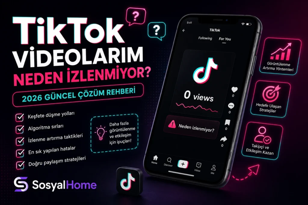 TikTok videolarının neden izlenmediğini anlatan neon tasarımlı SosyalHome blog görseli, TikTok algoritması ve izlenme artırma rehberi