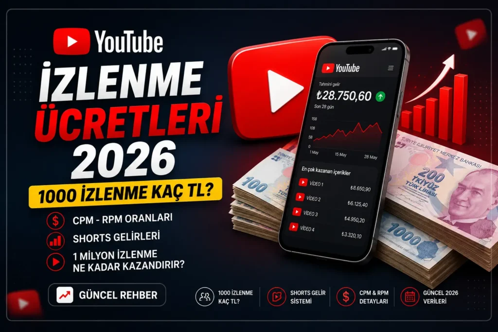 YouTube izlenme ücretleri 2026 rehberi görseli – 1000 izlenme kaç TL kazandırır, CPM ve Shorts gelirleri